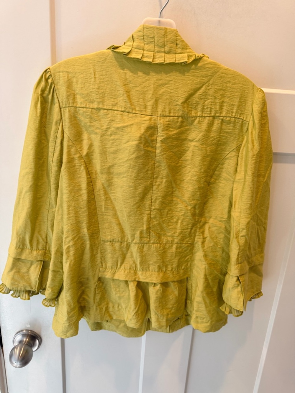 Ruffle Front Blazer Jacket Women Medium Lime Green Statement Cropped Dressy - Picture 6 of 9